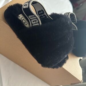UGG Black Fluffy Slippers